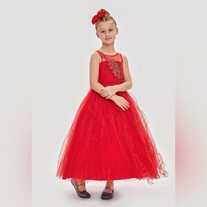 Girls Red Tulle Flower Girl / Party Dress with Bow & Appliqué – Sizes 5,6,7,8,9
